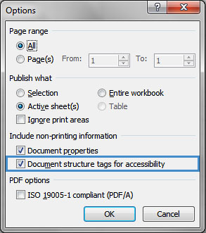 Image demonstrates location of Document structure tags for accessibility check box in Options dialog.